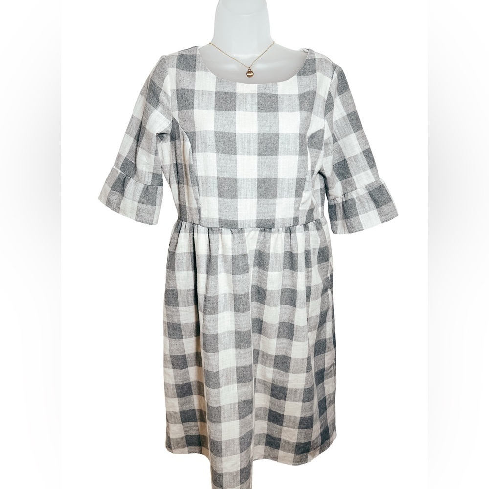 Sweet Salt Gray White Buffalo Plaid Dress Ruffle Sleeve Modest Cottagecore M